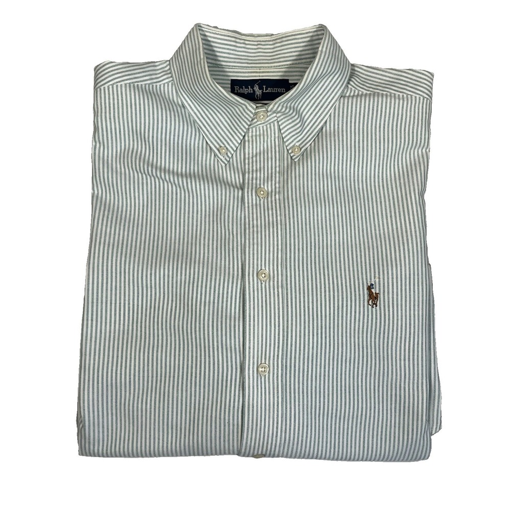 Ralph Lauren Yarmouth Men's 16.5 34/35 Green White Stripe Cotton Polo Pony Shirt